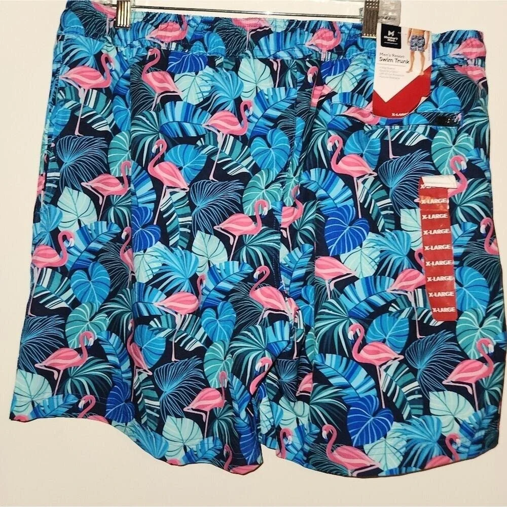 Member's Mark Men's Resort Swim‎ Trunk Flamingo Tropical Leaf Print XL